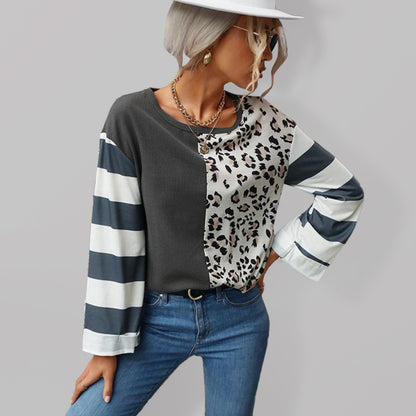 Boho 90's Inspired Colorblock Leopard and Stripe Long Sleeve Top