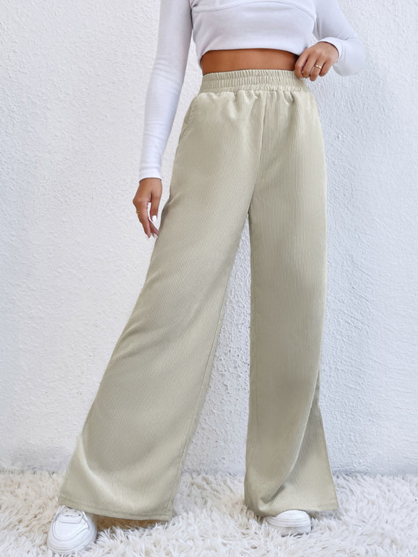 Women's Elastic Waistband Mid-Waist Corduroy Wide Leg Slit Pants