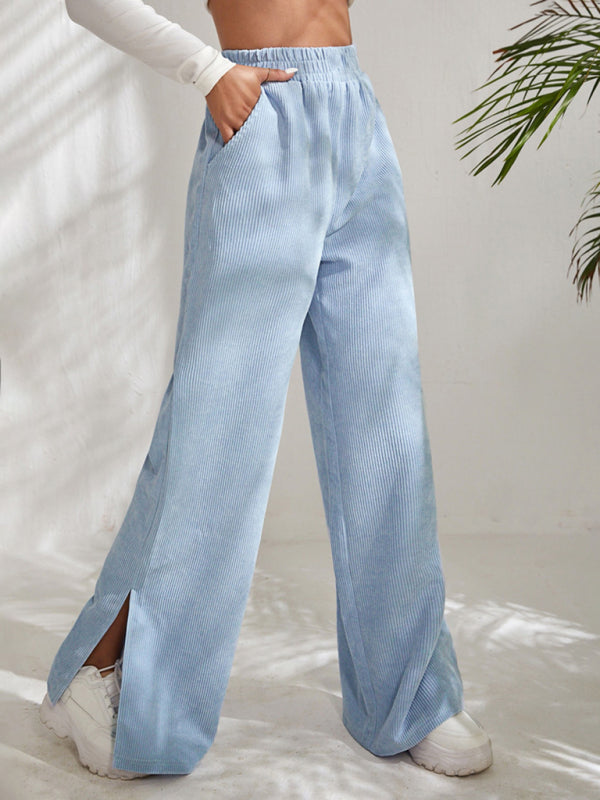 Women's Elastic Waistband Mid-Waist Corduroy Wide Leg Slit Pants
