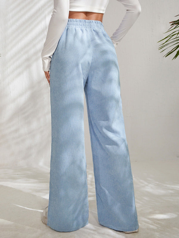 Women's Elastic Waistband Mid-Waist Corduroy Wide Leg Slit Pants