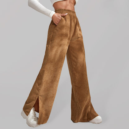 Women's Elastic Waistband Mid-Waist Corduroy Wide Leg Slit Pants –  OliverandJade