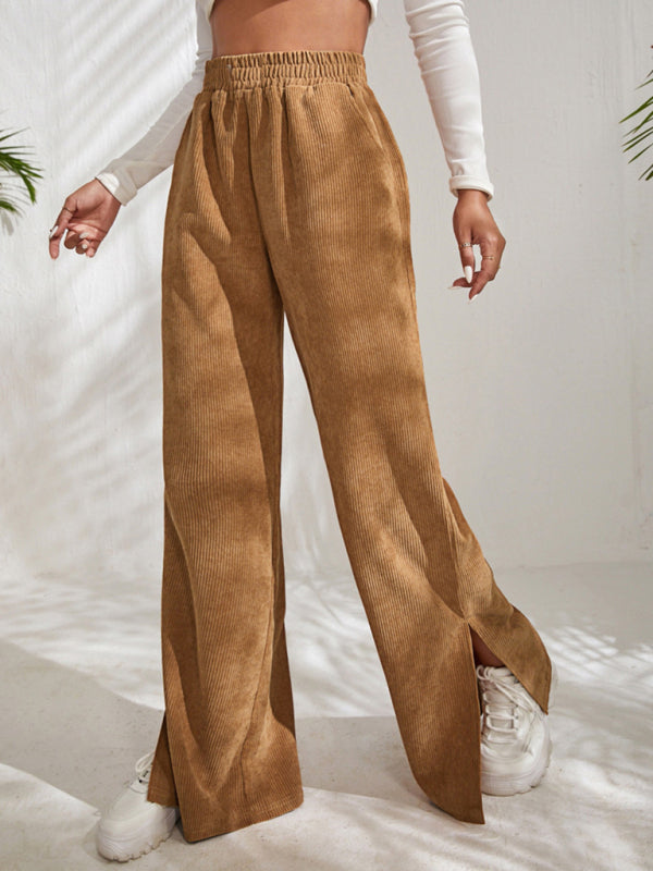 Women's Elastic Waistband Mid-Waist Corduroy Wide Leg Slit Pants
