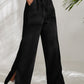 Women's Elastic Waistband Mid-Waist Corduroy Wide Leg Slit Pants