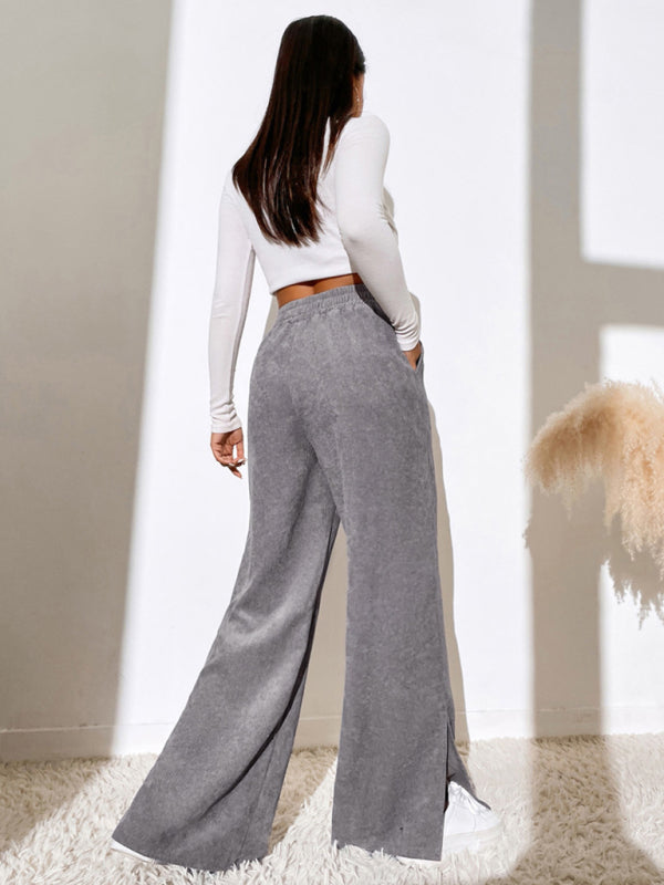 Women's Elastic Waistband Mid-Waist Corduroy Wide Leg Slit Pants