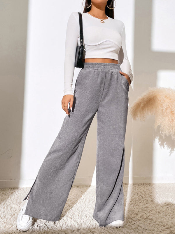 Women's Elastic Waistband Mid-Waist Corduroy Wide Leg Slit Pants