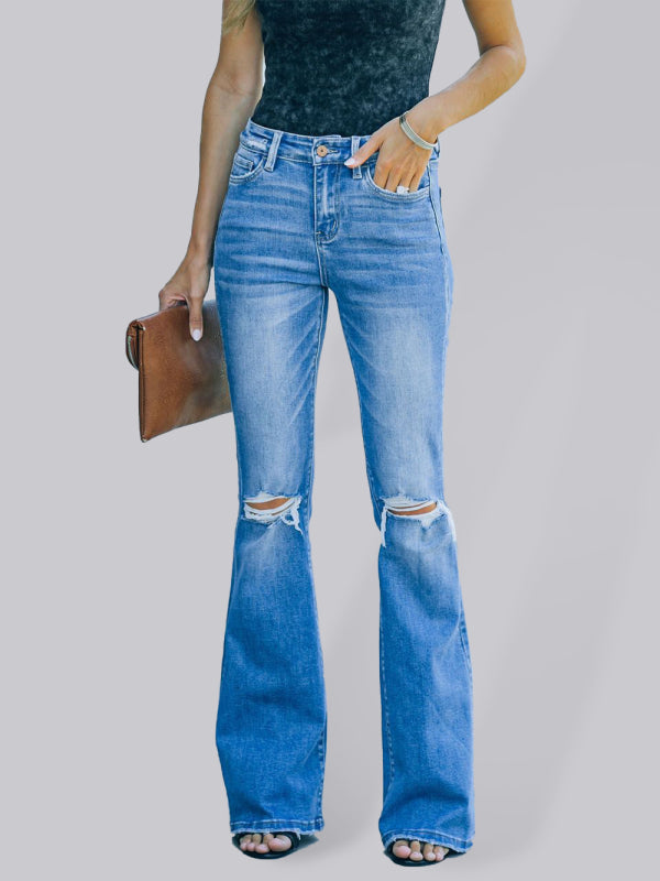 Women's High Waist Ripped Knee Hem Bootcut Jeans