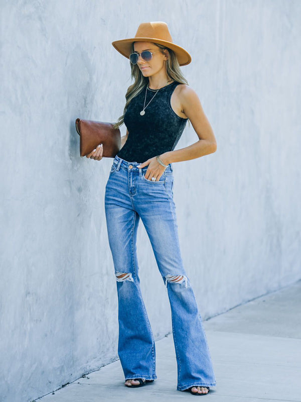 Women's High Waist Ripped Knee Hem Bootcut Jeans