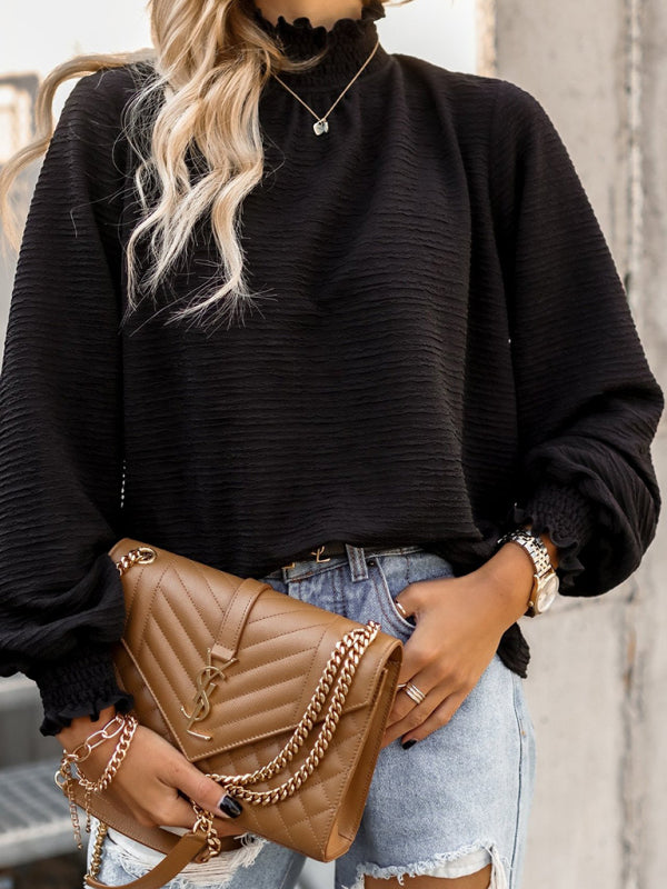 Women's Mock Neck Ruffle Loose Lantern Top