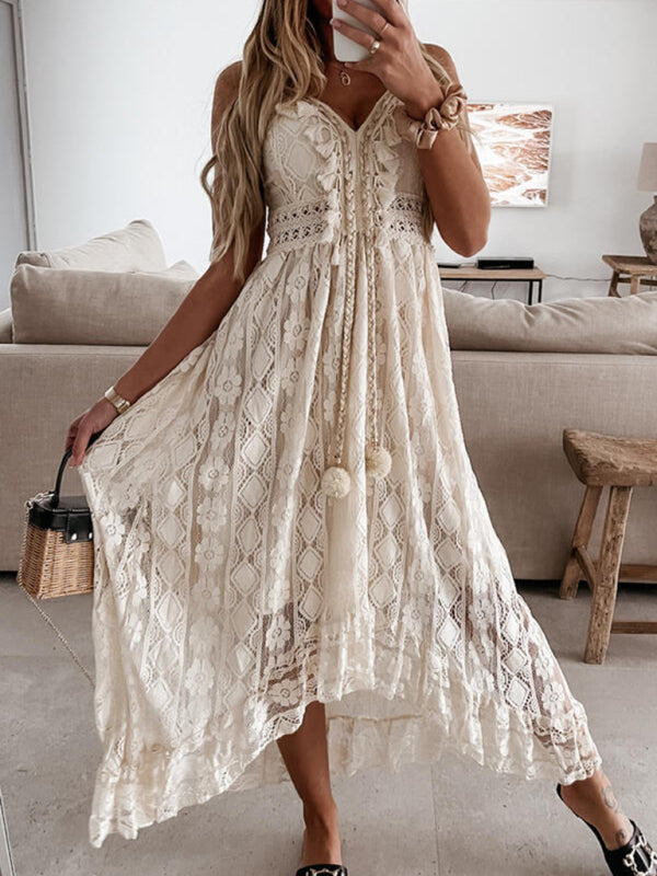 Women's Boho Romantic Solid Tassel & Ruffle Lace Slip Dress