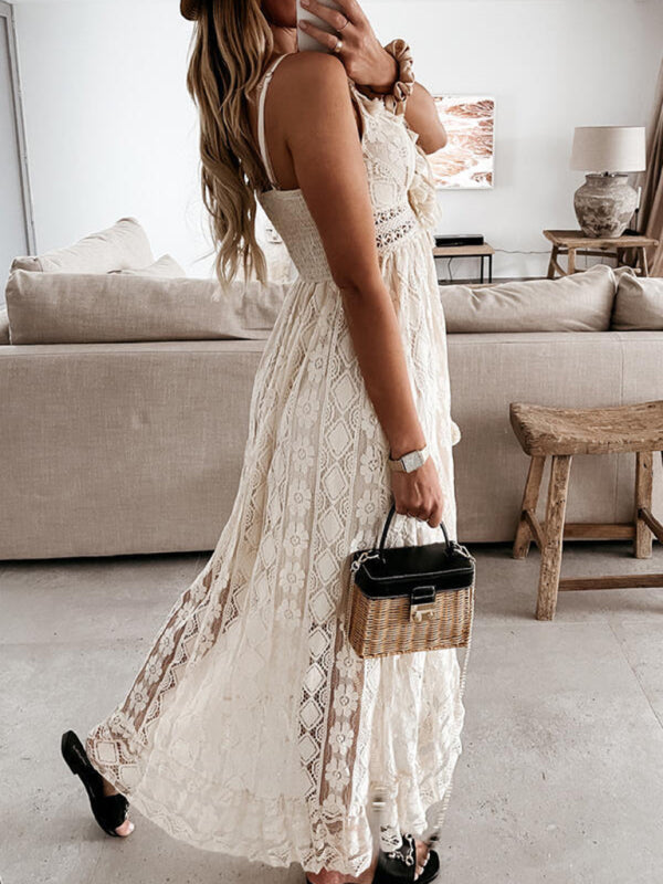 Women's Boho Romantic Solid Tassel & Ruffle Lace Slip Dress
