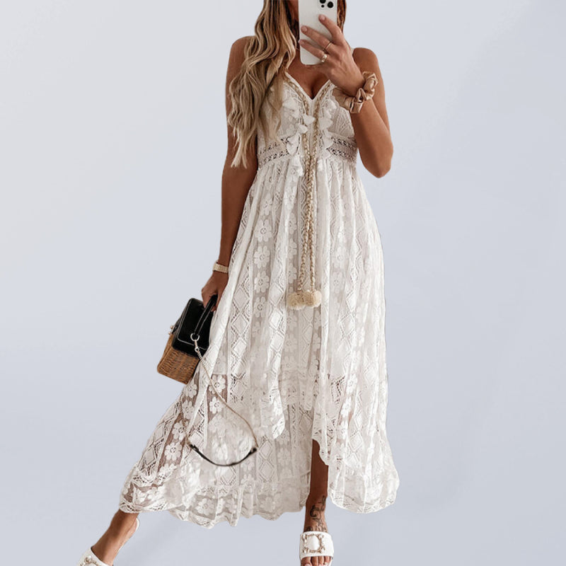 Women's Boho Romantic Solid Tassel & Ruffle Lace Slip Dress