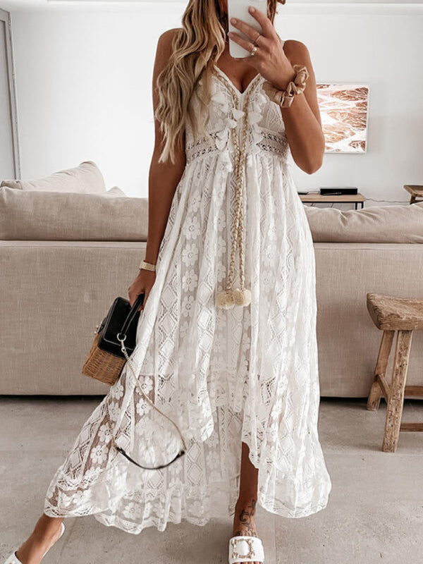Women's Boho Romantic Solid Tassel & Ruffle Lace Slip Dress
