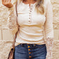Boho Round Neck Lace Sleeves Loose Solid Color Long Sleeved T-shirt