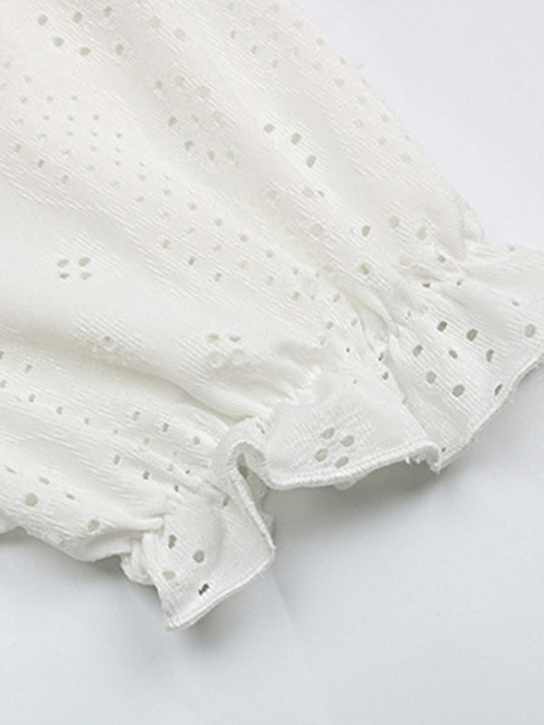 Women's Bohemian V-Neck Eyelet Romantic Short Sleeve Top