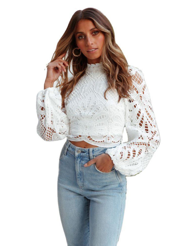 Women's Boho Woven Lace Elegant Lantern Sleeve Shirt