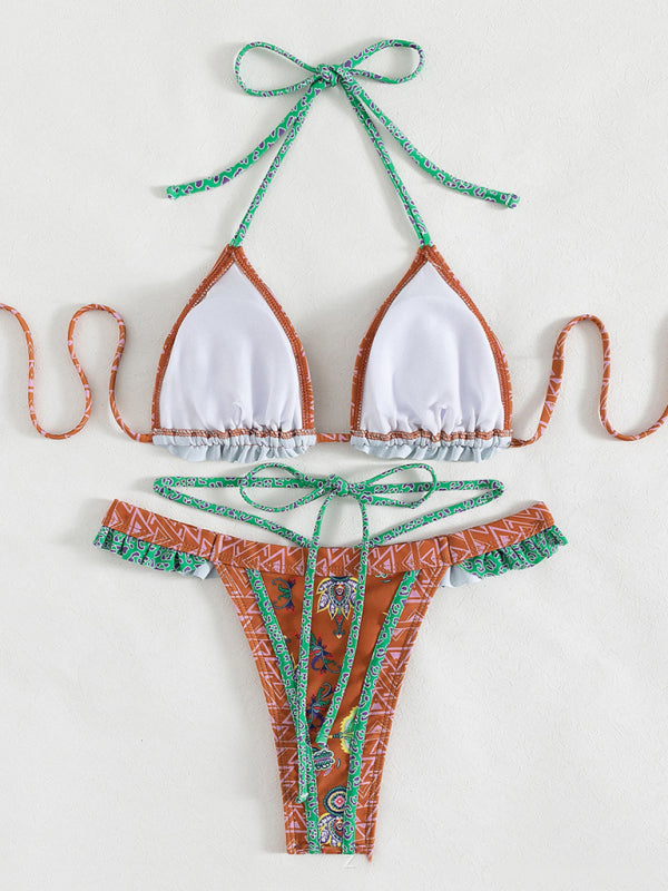 Women's Boho Ethnic Print Ruffles and Frills Halter Bikini