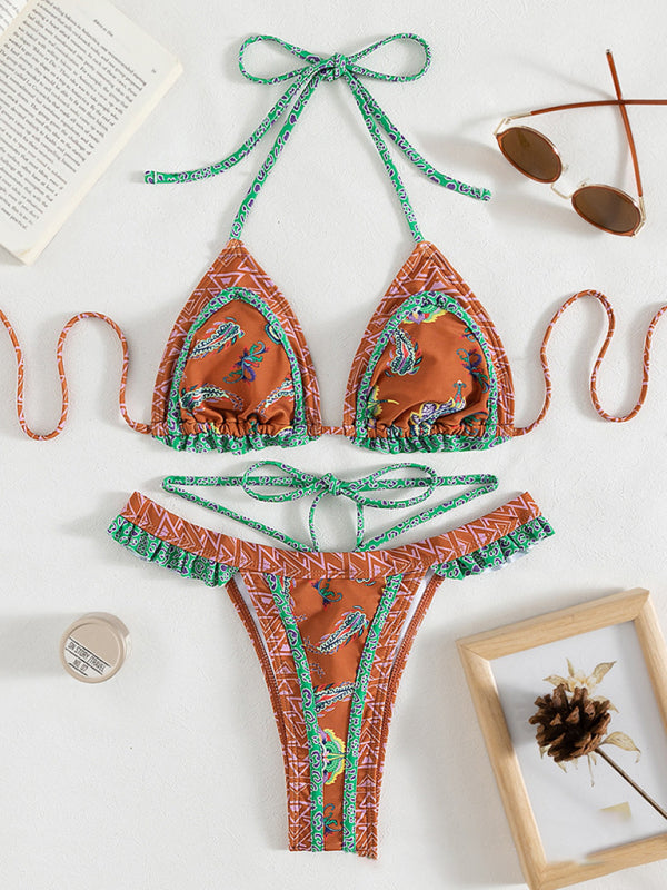 Women's Boho Ethnic Print Ruffles and Frills Halter Bikini