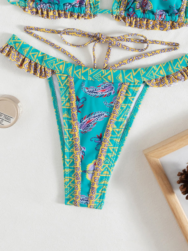 Women's Boho Ethnic Print Ruffles and Frills Halter Bikini