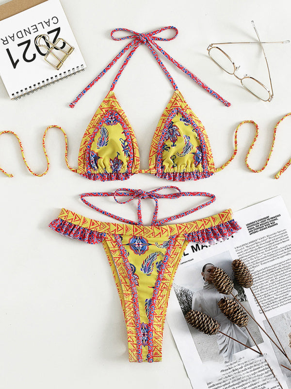 Women's Boho Ethnic Print Ruffles and Frills Halter Bikini