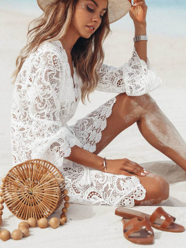 Women's Sexy Lace Long Sleeve Swimsuit Cover Up Dress