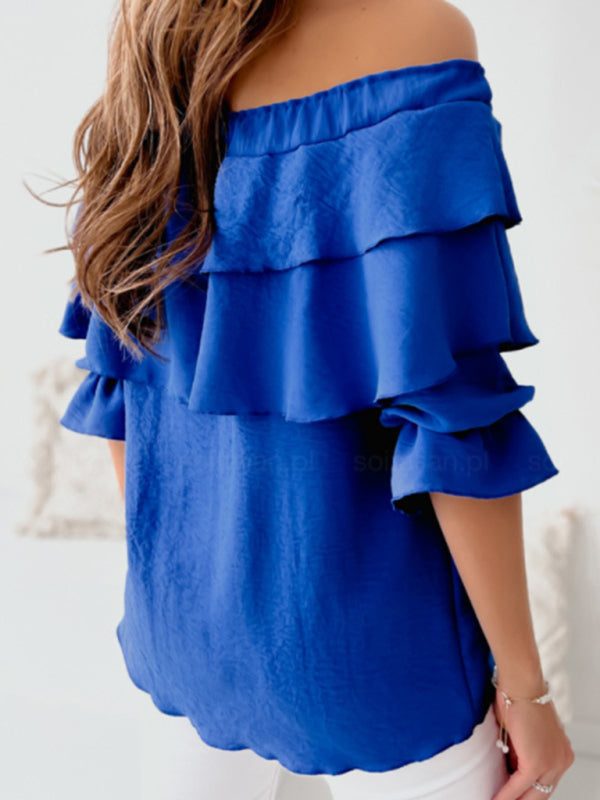 Double-Ruffled Off-the-shoulder Tie-Neck Top