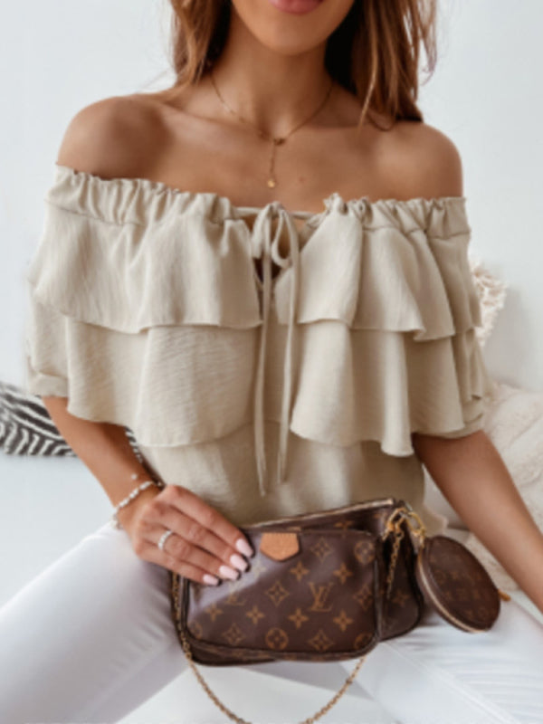 Double-Ruffled Off-the-shoulder Tie-Neck Top