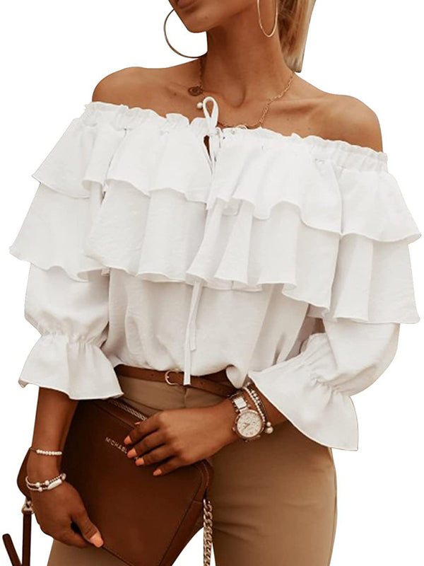 Double-Ruffled Off-the-shoulder Tie-Neck Top