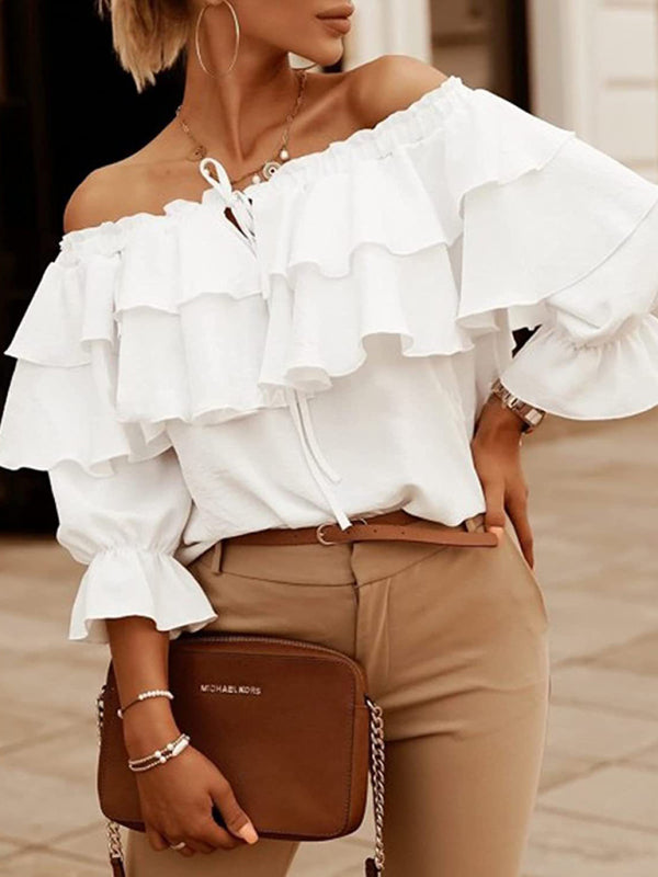 Double-Ruffled Off-the-shoulder Tie-Neck Top