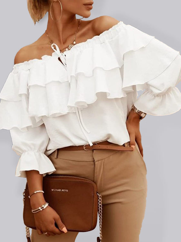 Double-Ruffled Off-the-shoulder Tie-Neck Top