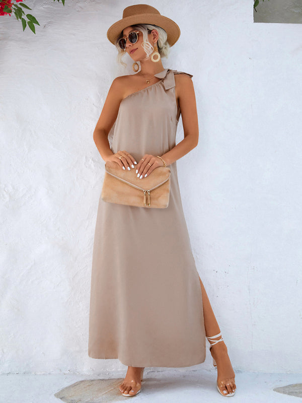 Trendy Silky Sexy Slanted Shoulder Strap Long Maxi Dress