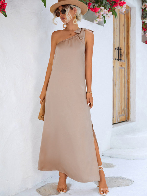 Trendy Silky Sexy Slanted Shoulder Strap Long Maxi Dress