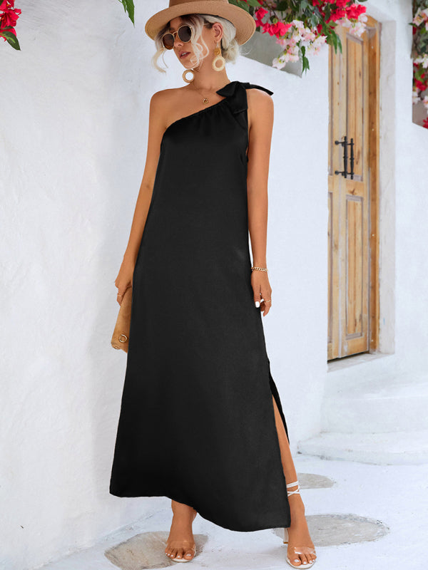 Trendy Silky Sexy Slanted Shoulder Strap Long Maxi Dress