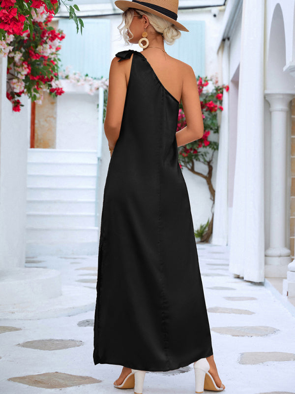 Trendy Silky Sexy Slanted Shoulder Strap Long Maxi Dress