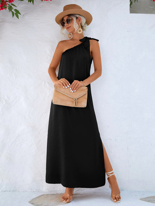 Trendy Silky Sexy Slanted Shoulder Strap Long Maxi Dress