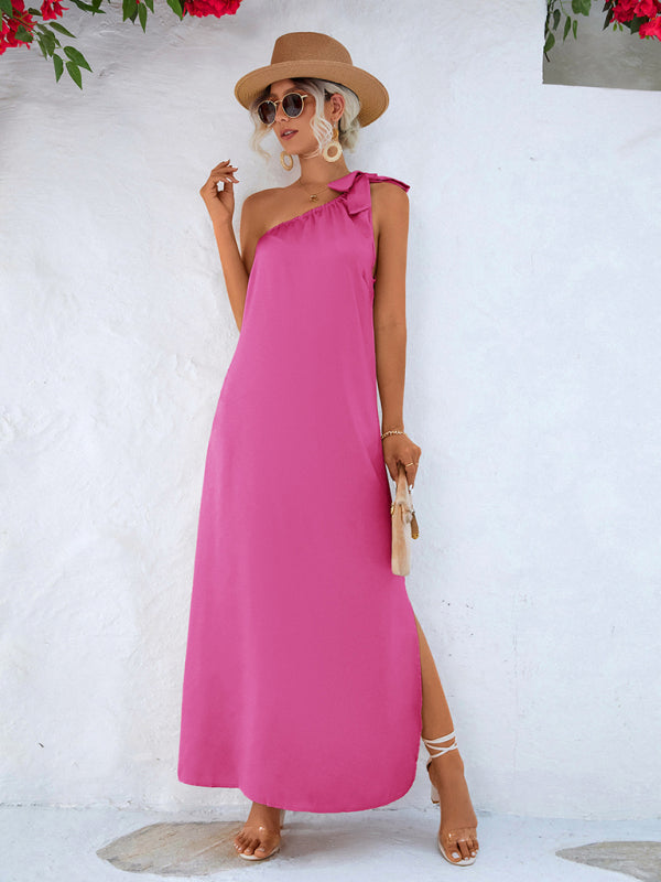 Trendy Silky Sexy Slanted Shoulder Strap Long Maxi Dress