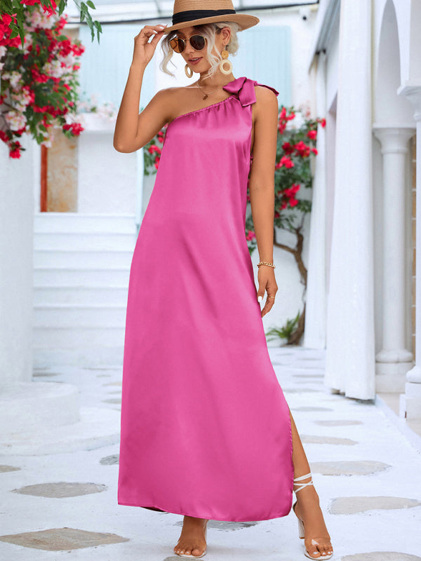 Trendy Silky Sexy Slanted Shoulder Strap Long Maxi Dress