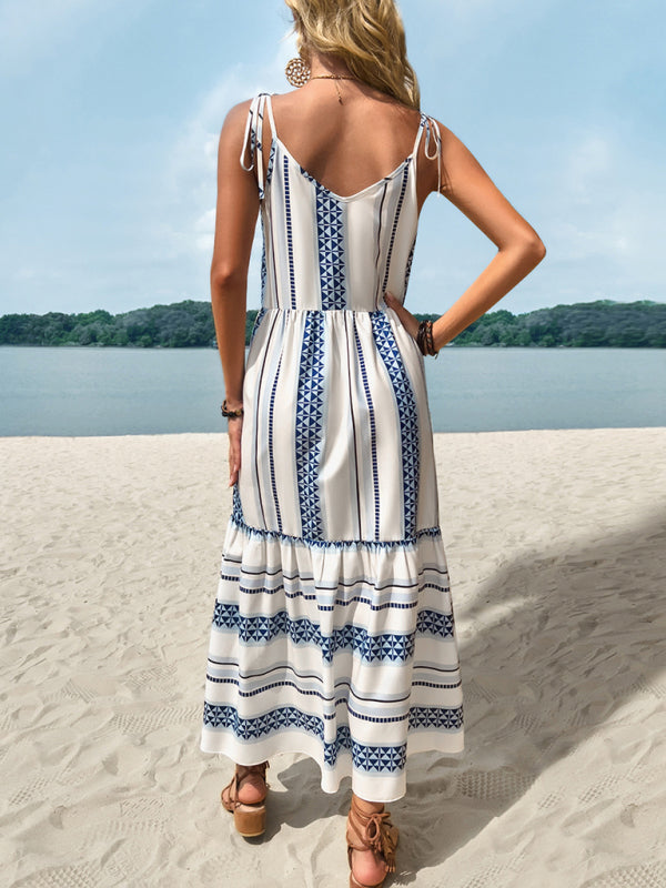 Women's Printed Boho Blue Tie Shoulder Maxi Dress