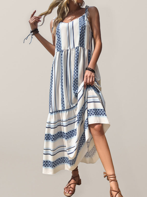Women's Printed Boho Blue Tie Shoulder Maxi Dress