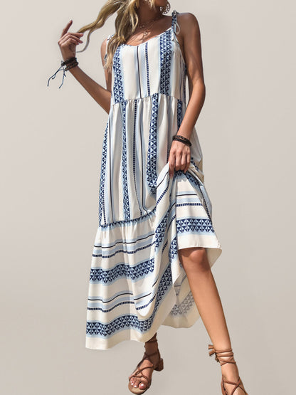 Women's Printed Boho Blue Tie Shoulder Maxi Dress