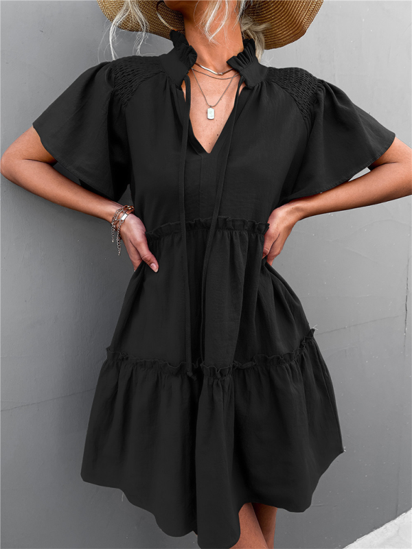 Women's Ruffled Boho Pleated Tie V Neck Lace Dress