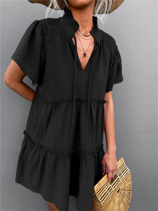 Women's Ruffled Boho Pleated Tie V Neck Lace Dress
