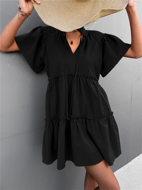 Women's Ruffled Boho Pleated Tie V Neck Lace Dress
