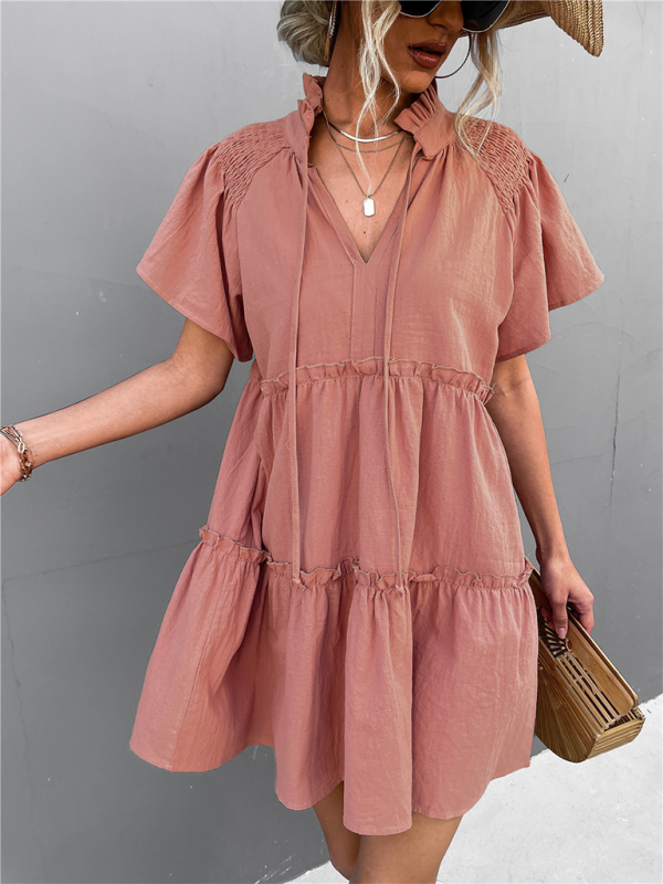 Women's Ruffled Boho Pleated Tie V Neck Lace Dress