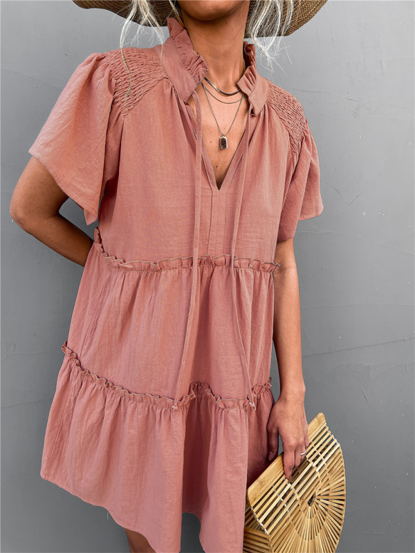 Women's Ruffled Boho Pleated Tie V Neck Lace Dress