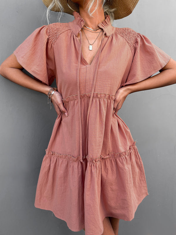 Women's Ruffled Boho Pleated Tie V Neck Lace Dress