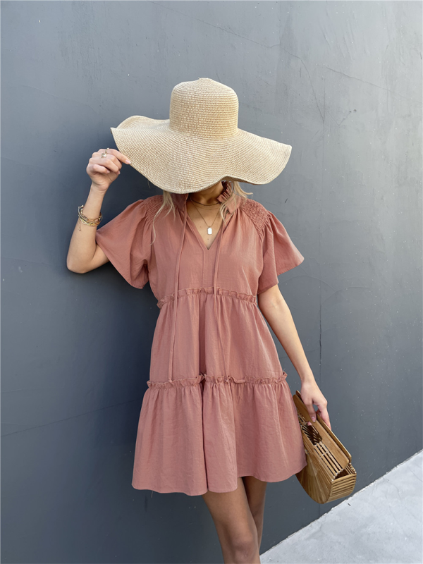 Women's Ruffled Boho Pleated Tie V Neck Lace Dress