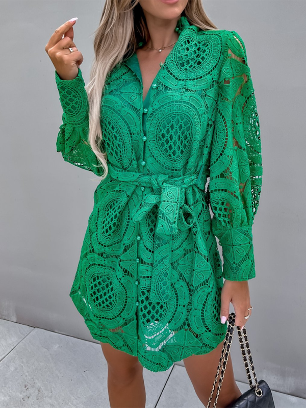 Women's Solid Color Lace Detail Collar Long Sleeve Shirtdress
