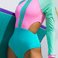 Women's Color Block Sporty Retro Front Zip Long Sleeve Cutout Design Paddle Board One Piece Bathing Suit