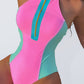 Women's Sporty Retro Colorblock Sexy high neck Zip front One piece Swimsuit