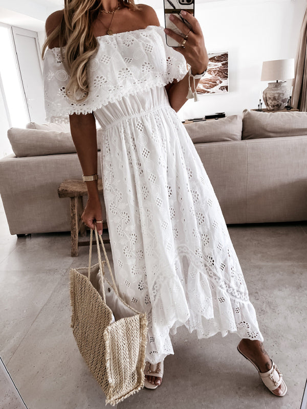 Women's White Boho Lace Off Shoulder Maxi Dress – OliverandJade